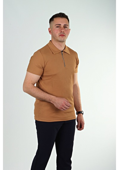 Eg38 Yarım Fermuar Polo Yaka Tşört Taba Taba
