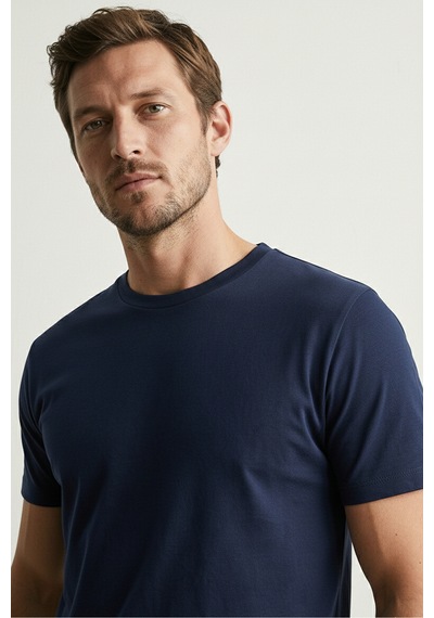Elemge Pamuk Likra Magic Fit Lacivert Erkek T-shirt Compact Penye Kısa Kol Tişört Elastan