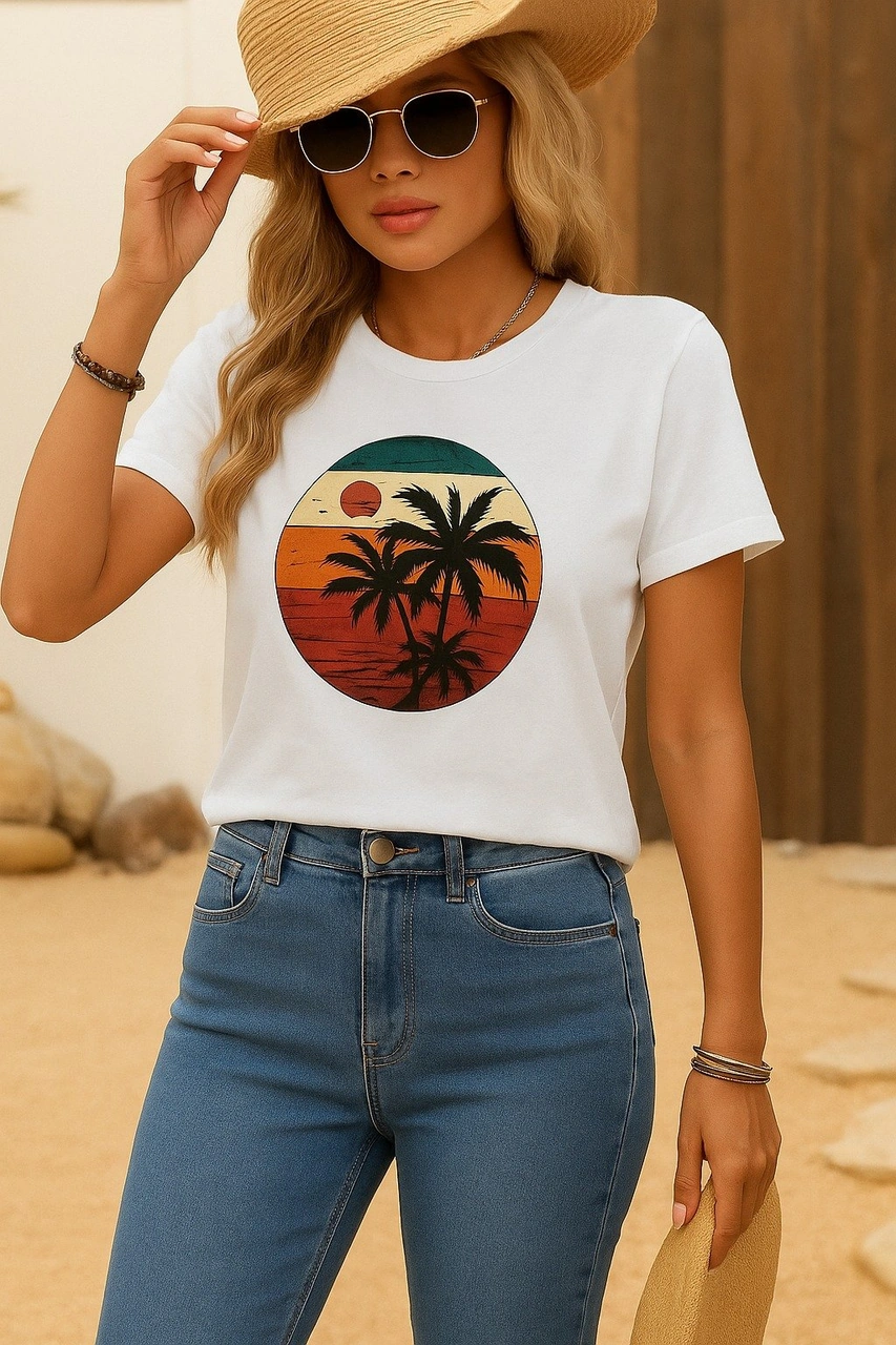 Emh Store Kadın Kısa Kollu Palmiye Baskılı Viskon T-shirt Beyaz