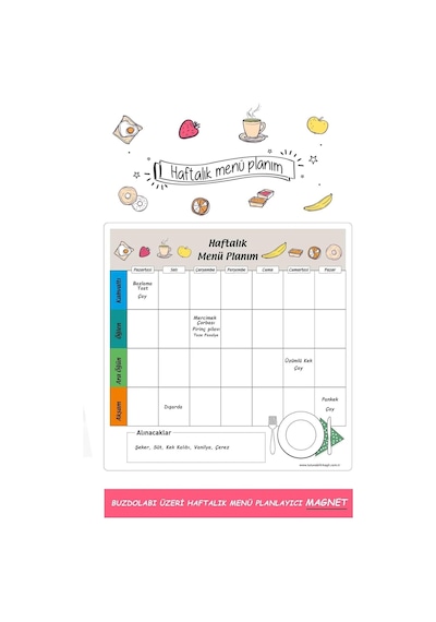 Haftalık Menü Planlayıcı Magnet Mıknatıslı Yazı Tahtası Buzdolabı Magneti Pano 30x30 Cm + Kalem Beyaz