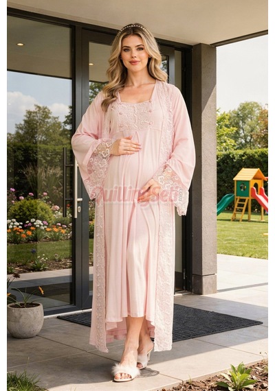 Lady Pembe Renk Dantel Detaylı 33501 Sabahlıklı 2li Hamile Gecelik Takım Set Açık Pembe
