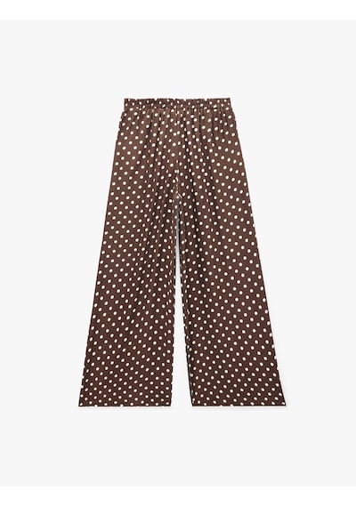 Koton Koton X Melis Ağazat - Viskon Kumaş Cepli Geniş Paça Baggy Puantiyeli Saten Pantolon Kahverengi Desenli 6sak40237ew