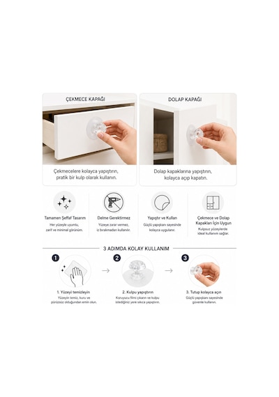 Yapışkanlı Kristal Mobilya Kulpu Dolap Çekmece Kapak Komodin Tutacağı 6 cm -