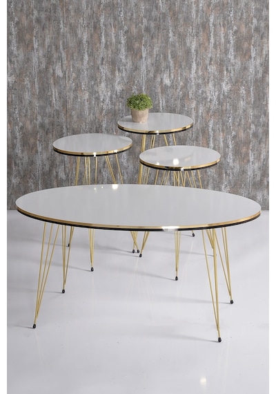 Zigon Sehpa Ve Orta Sehpa Elips Set Çift Gold Beyaz Tel Ayak Zigon Sehpa Ve Orta Sehpa Elips Set Çift Gold Beyaz Tel Ayak