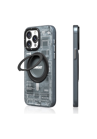 Apple Uyumlu iPhone 15 Pro Kılıf Magsafe Şarj Özellikli Youngkit 360 Standlı Technology Serisi Kapak Gri