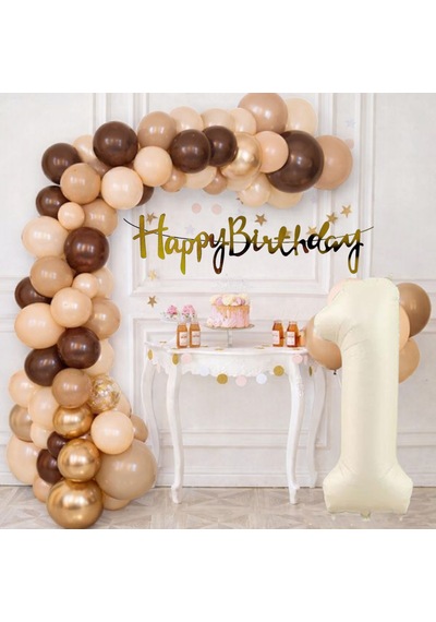 1 Yaş Pompa Hediyeli Doğum Günü Seti Banner Gold Kahverengi Kum Beji Ten Rengi Balonlar Krem Rakam Çok Renkli