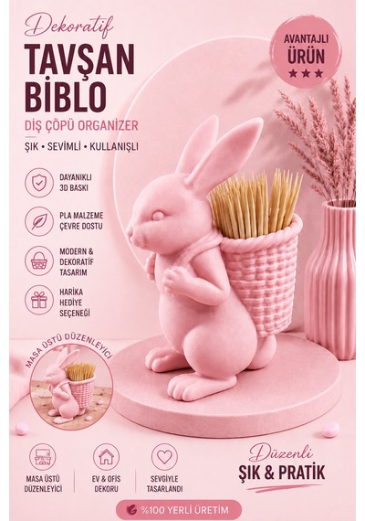 Ognami3d Dekoratif Tavşan Kürdanlık - 3d Baskı Masaüstü Organizer 34805459