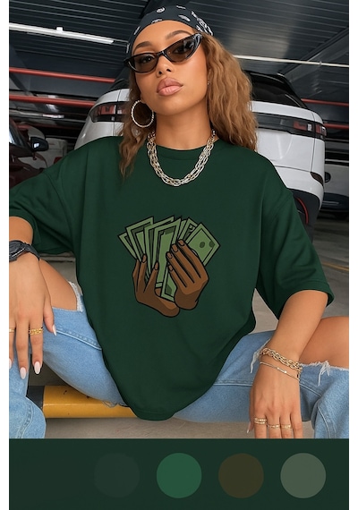 Unisex Siyah Oversize Baskılı Tshirt Yeşil
