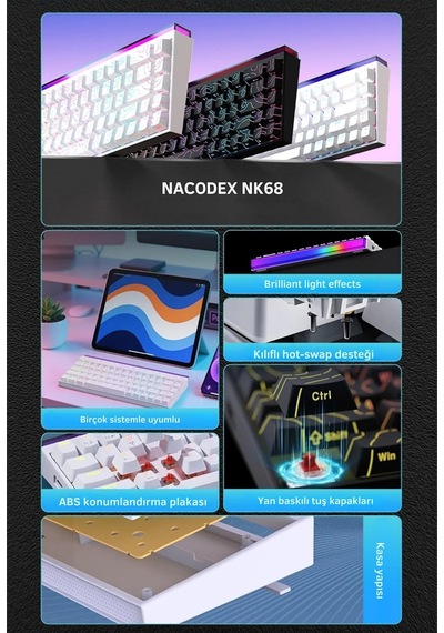 Desenli Kablolu Ergonomik Mekanik Oyuncu Klavyesi-ambiyans Aydınlatmalı Ajazz Nacodex Nk-68 Kontur Desenli - Beyaz