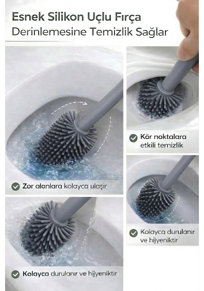 Gri Silikon Uçlu Hazneli Tuvalet-Banyo Wc ve Klozet Temizleme Fırçası