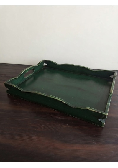 El Boyaması Eskitme Ahşap Dekoratif Tepsi - Antik Yeşil Kahve Sunum Tepsisi 29x41x6 Cm Koyu Yeşil