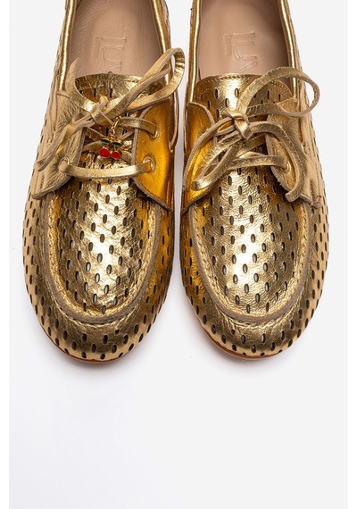 Luvishoes Stevo Altın Hakiki Deri Delikli Bağcıklı Kadın Loafer Ayakkabı