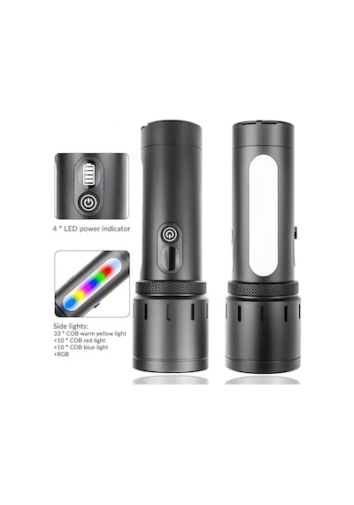 Bd-6 30w Tg + Rgb Led Alüminyum Alaşımlı Zoomlu Type-c Pil Göstergeli Şarjlı El Feneri