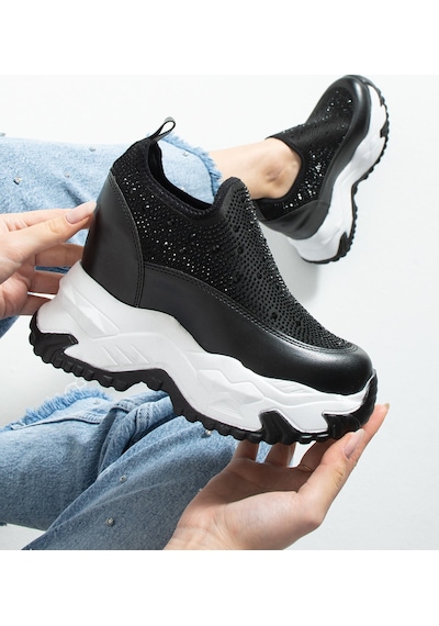 Dabab Shoes Olıvıa Siyah Taş Detaylı 10 Cm Gizli Topuk Platform Slip-on Sneaker Ayakkabı