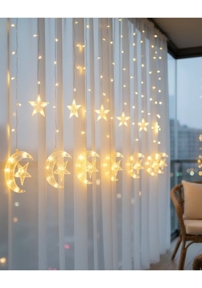 Gld-spt- Hilal Yıldız Led Perde Işık Balkon Pencere Ve Oda Dekorasyonu Beyaz Işık