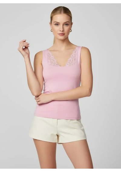 Park Karon 26004 Kadın Dantel Detaylı Kare Yaka Modal Örme Bluz Pembe