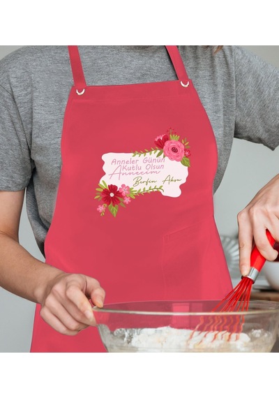 Bk Gift Kişiye Özel İsimli Anneler Günü Tasarımlı Profesyonel Kırmızı Mutfak Önlüğü, Aşçı Önlüğü, Şef Önlüğü, Anneye -16 Açık Gri