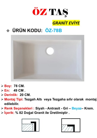 Öztaş ÖZ-78b Granit Mutfak Eviye Beyaz Tek Gözlü 50 x 78 CM