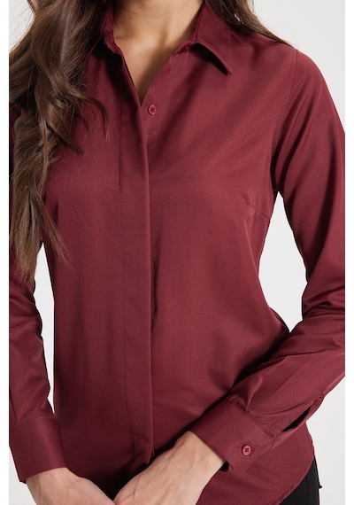 Tudors Kadın Slim Fit Dar Kesim Vucüda Oturan Uzun Kollu Gizli Düğme Detaylı Bordo Basic Gömlek-42048