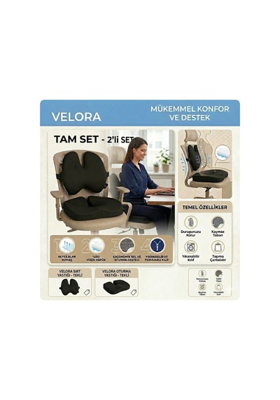 Velora Visco Bel Yastığı + Oturma Minderi Tam Set Siyah - 887280321
