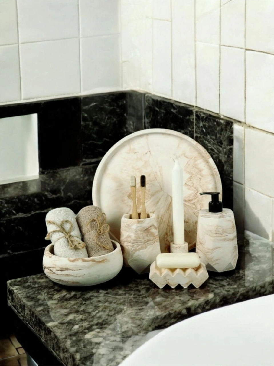 6'lı Mermer Desenli Beton Banyo Seti , Sıvı Sabunluk Diş Fırçalığı Beton Aksesuar Takım Gri