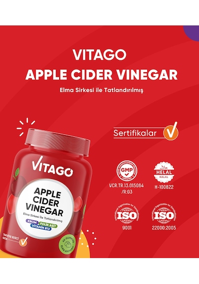 Vitago Apple Cider Vinegar Elma Sirkesi İle Tatlandırılmış Krom, B12 Vitamini Ve Folik Asit İçeren 60 Adet Çiğnenebilir Gummies Form Takviye Edici G