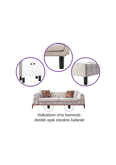 4 Adet Destek Ayağı 12 Cm Siyah Ve 4 Adet Düz Ayak Tabanı M8 Civatalı İnce Diş Mobilya Baza Koltuk Seti