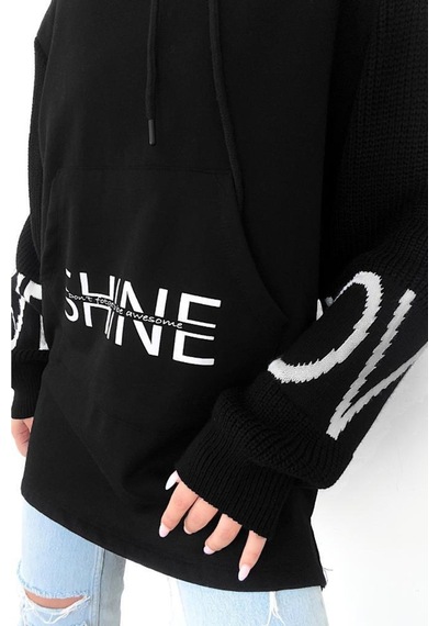 Femelle Siyah Beyaz Shine Yazılı Kollar Örme Triko Detaylı Kanguru Cepli Kapüşonlu Kadın Sweatshirt Hoodie Femelle Siyah Beyaz Shine Yazılı Kollar Örme Triko Detaylı Kanguru Cepli Kapüşonlu Kadın Sweatshirt Hoodie