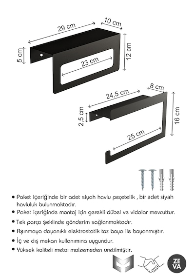 Siyah Duvara Monte Havluluk & Peçetelik Modern&dayanıklı 2'li Set Siyah