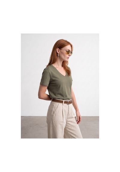 Dilvin 32847 Lyocell Karışımlı V Yaka T-shirt-haki-16458