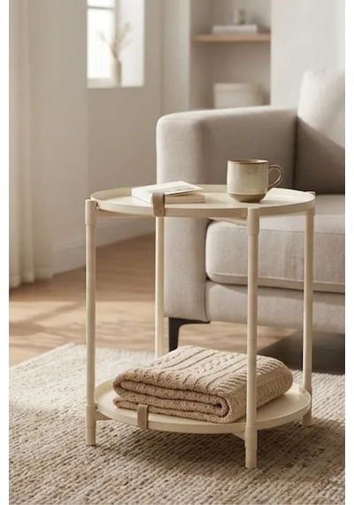Çift Tepsili Katlanır Orta Yan Yuvarlak Sehpa Metal Ayak - Modern Sehpa 50cm 44 Cm Tepsi Deri Kulplu Krem
