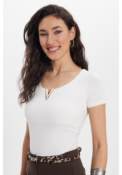 Tudors Kadın Slim Fit Dar Kesim Pamuklu V Yaka Kısa Kollu Ekru Bluz-50675