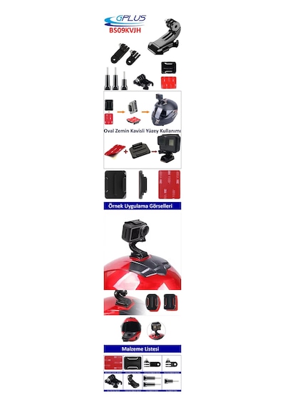 Gplus Bs09kvjh 9 Parça Oval Zemin Kavisli Yüzey Vidalı J-hook Hızlı Tak 3 Yollu Aksiyon Kamera Uyumlu 3m Yapışkanlı Motor Kask Bağlantı Seti Siyah