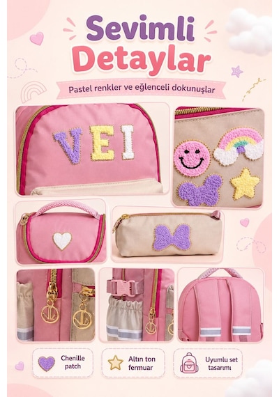 З'lü İlkokul Su Geçirmez Kumaş Çanta Seti Kız Çocuk Sırt Çantası + İçi Folyolu Beslenme Çantası + Kalemlik Pembe Pembe