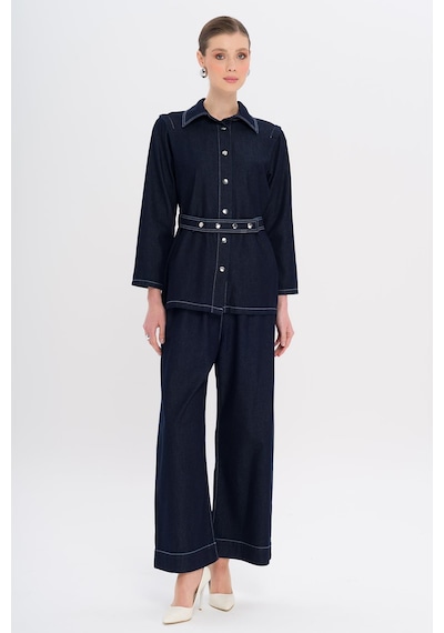 Olcay Kemeri Çıt Çıt Detaylı Ceket Pantolon Denim Takım Lacivert 9344-tk