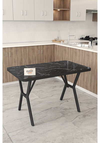 Gnr 70x110cm Sabit Siyah Mutfak Masası Takımı, Yemek Masası, 4 Modern Krem Sandalye Krem