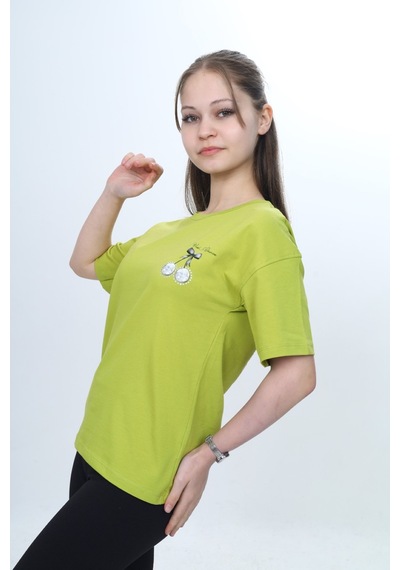 Toontoy Kids Toontoy Kız Çocuk Bisiklet Yaka Düşük Omuz Kısa Kollu Baskılı Tişört 24973 Yeşil