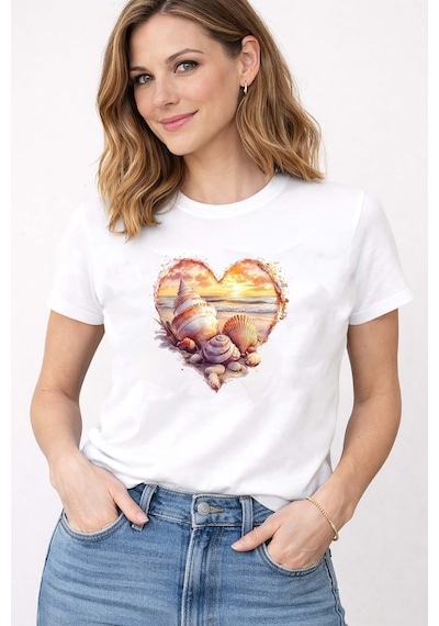 Herkesemoda Sunset Love Deniz Tema Baskı Detaylı Bisiklet Yaka Pamuklu Basic T-shirt Beyaz