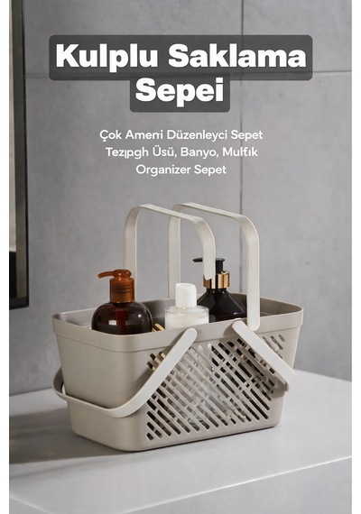 4'lü Gri Mutfak Düzenleyici Kulplu Sepet Banyo Çamaşır Organizer Seti Çok Renkli
