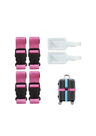 Tarix 4 Adet Pembe Valiz Kemeri + 2 Adet Beyaz Valiz Etiketi Pembe