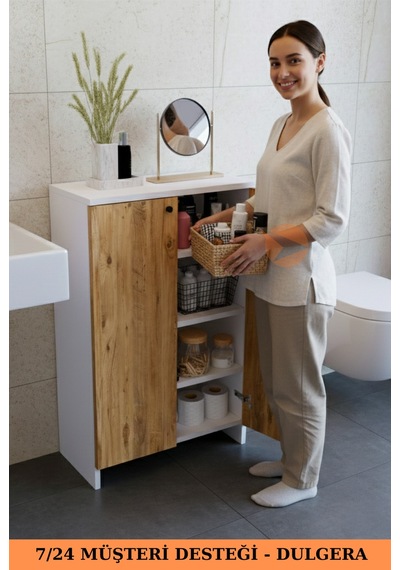 2 Kapaklı 4 Raflı Dolap Çok Amaçlı Dolap Banyo Dolabı Banyo Rafı Çam