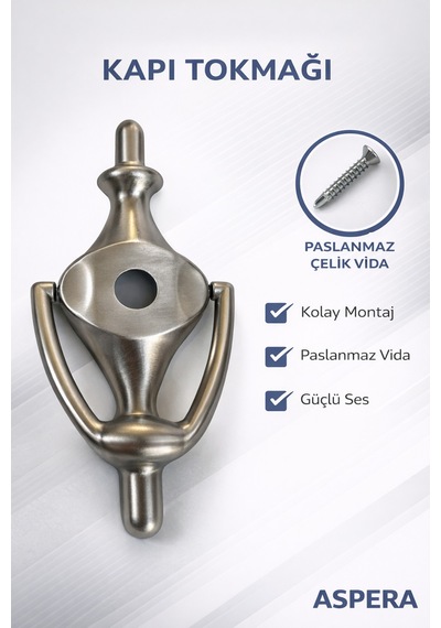Çelik Kapı Taktak Kapı Tokmağı Dayanıklı Metal Kapı Vuracağı Modern Tasarım Kolay Montajlı Gümüş