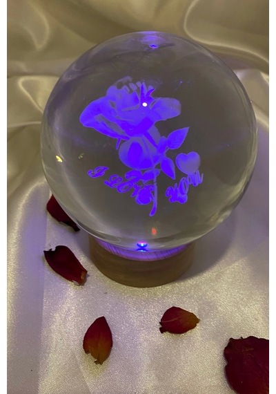 3d Led Işık Cam Küre Çok Işıklı Ahşap Gül I Love You Büyük Boy 10 Cm