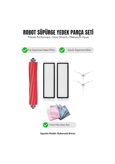 Roborock Qrevo İle Uyumlu 1 Ana Fırça 2 Beyaz Yan Fırça 2 Filtre 1 Temizlik Bezi 11.0