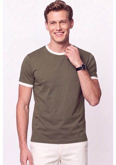 Efor Slim Fit Bisiklet Yaka Haki - Ekru Tişört Ts 932 Haki-ekru