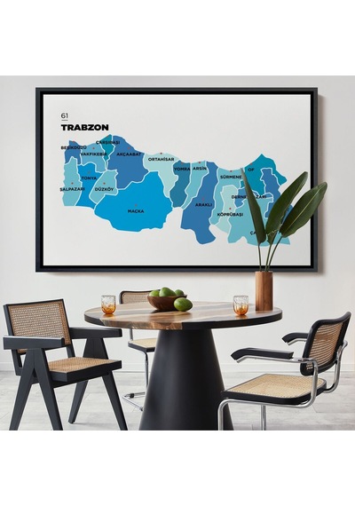 Çerçeveli Trabzon İli Ve İlçeler Haritası Dekoratif Kanvas Tablo-1471