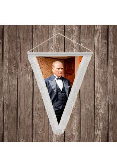 Mustafa Kemal Atatürk Takım Elbiseli Beyaz Saçaklı Üçgen Flama Bayrak Hatıra Flama Ata47 Diğer