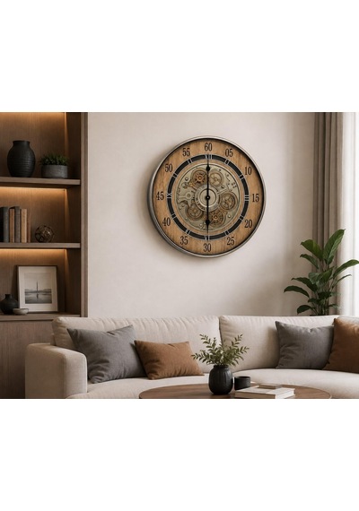 Tr Ahşap Desenli Dekoratif Duvar Saati 60 Cm, Metal Çerçeveli, Vintage Tasarım, Açıkta Görünen Dişli Mekanizma, Diğer