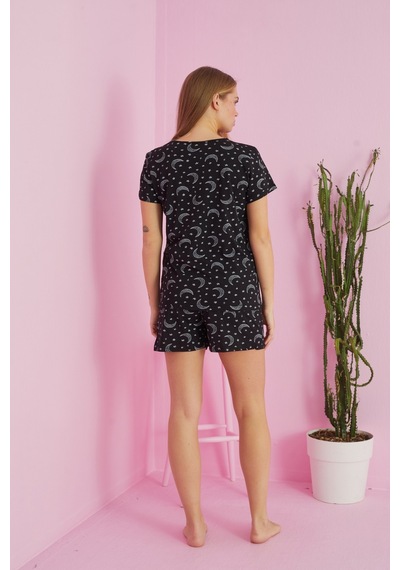 Siyah İnci Pamuklu Şort-pijama Takım Siyah Ay Desen