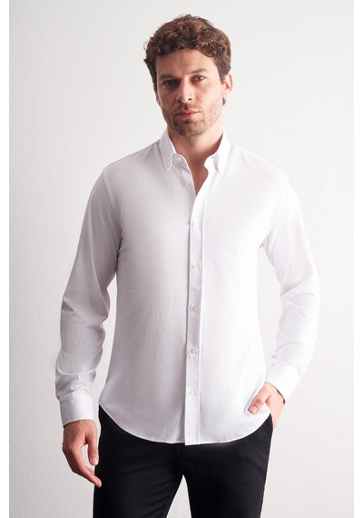 İmza Beyaz Düğmeli Yaka Örme Uzun Kol Performans Ürün Slim Fit Esnek Gömlek 1004255270 Beyaz